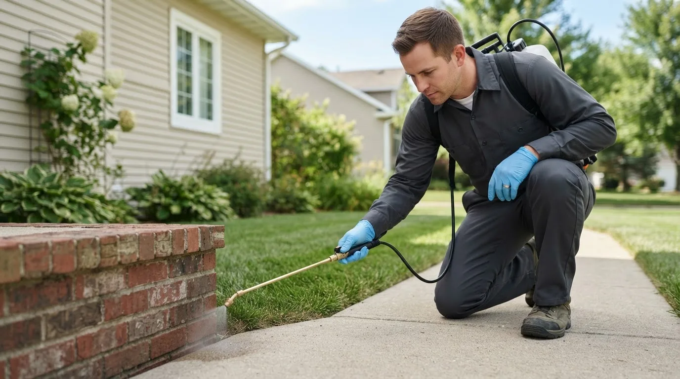Pest control technician treating a home near Hudson, IN
